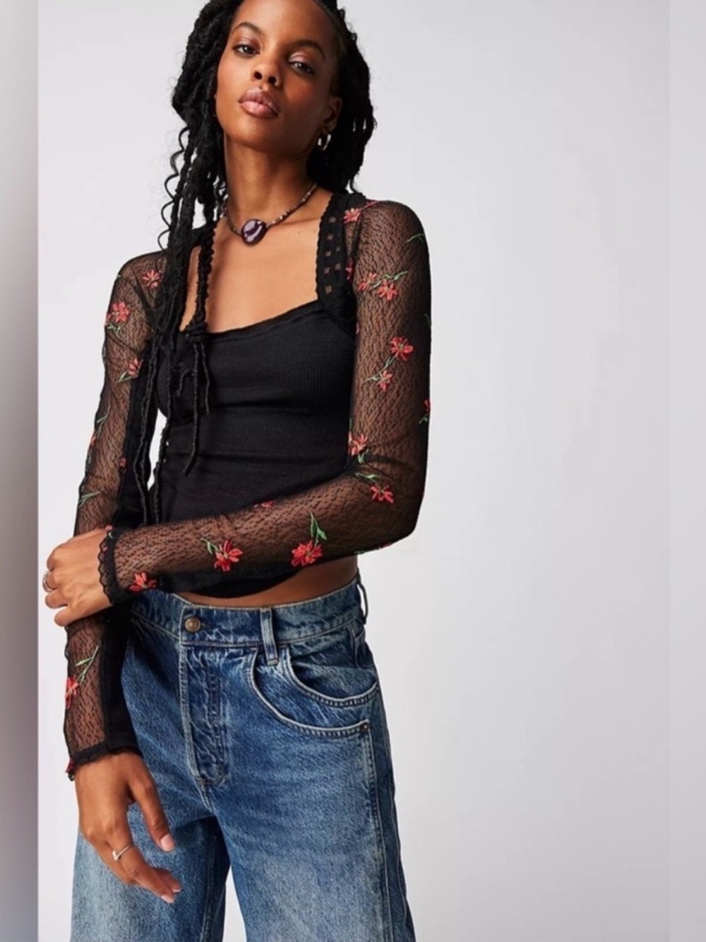 Free People Jolie Thermal Top XS Black Floral Mesh Lace Long Sleeve Boho